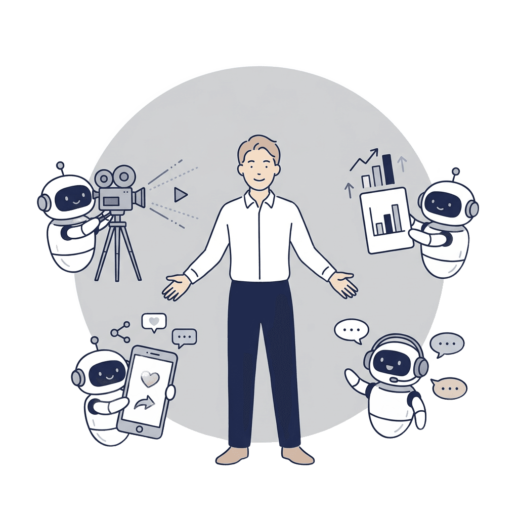 一人の起業家を、動画・SNS・営業資料・問い合わせ対応のAI社員が支えるイメージ
